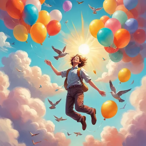 Prompt: Vibrant sky with fluffy clouds, person floating in the air, feeling of weightlessness, joyous expression, colorful balloons lifting them up, birds soaring high, sun shining brightly, optimistic atmosphere, surreal and dreamlike setting, digital painting, whimsical and imaginative style, warm and bright color palette, soft natural lighting.