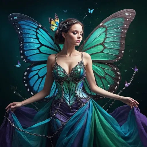 Prompt: Metamorphosis: magical change. A woman, dressed in a beautiful gown. She has butterfly wings that are slowly transforming into chains, that ensnare her. Time and space, shattered glass spinning in orbit around her in hues of blues and greens and purples. Deception, transformation. Betrayal.