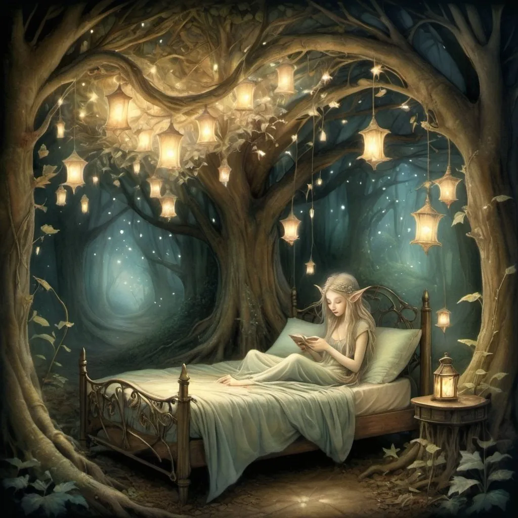 Prompt: Twinkling stardust bed, ethereal glow, intricate elflocks, mystical forest setting, whimsical fairyland, dancing leaves, enchanting will o' the wisp, friar's lantern, magical ambiance, fantasy illustration, detailed and dreamy, soft pastel colors, warm and inviting lighting, by Brian Froud and Amy Brown, DeviantArt. Special attention to eyes  Try
