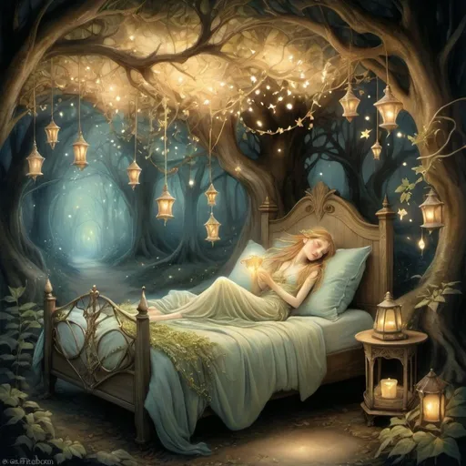 Prompt: Twinkling stardust bed, ethereal glow, intricate elflocks, mystical forest setting, whimsical fairyland, dancing leaves, enchanting will o' the wisp, friar's lantern, magical ambiance, fantasy illustration, detailed and dreamy, soft pastel colors, warm and inviting lighting, by Brian Froud and Amy Brown, DeviantArt. Special attention to eyes  Try
