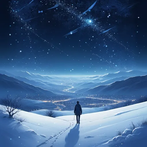 Prompt: Sparkling starlit night, snow-covered landscape, lone figure walking, distant city lights, vast open sky, constellations above, deep blue hues, icy white snow, serene and peaceful atmosphere, introspective mood, self-discovery journey, digital painting, high resolution, detailed snowflakes, cool color palette, soft moonlight, no figures besides the main character.