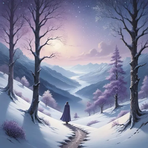 Prompt: A mystical winter landscape, snow-covered mountains, ancient towering trees, a lone figure in a cloak, winding path disappearing into the forest, falling snowflakes, fading light in the sky, silver moonlight, ethereal glow, serene atmosphere, distant sea visible, starlit sky, frost-covered branches, magical realism, soft color palette of blues, purples, and whites, gentle lighting casting long shadows, evoking a sense of mystery and adventure.