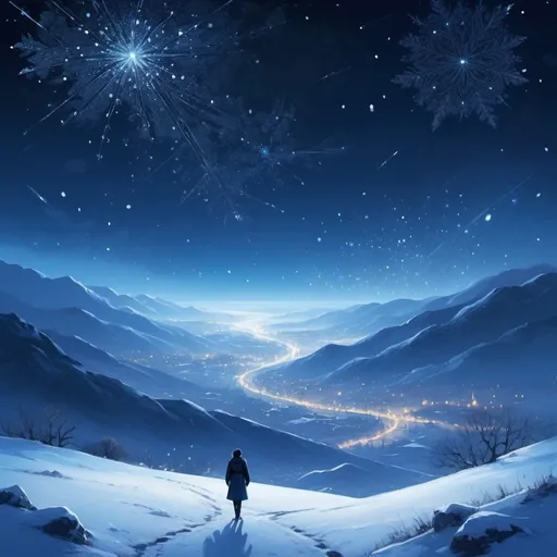 Prompt: Sparkling starlit night, snow-covered landscape, lone figure walking, distant city lights, vast open sky, constellations above, deep blue hues, icy white snow, serene and peaceful atmosphere, introspective mood, self-discovery journey, digital painting, high resolution, detailed snowflakes, cool color palette, soft moonlight, no figures besides the main character.