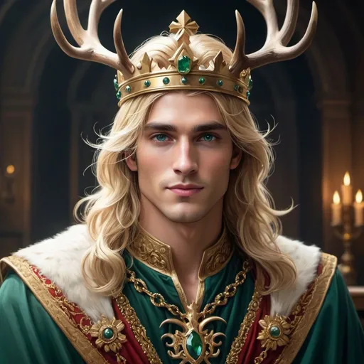 Prompt: A young, handsome king named Mortair, crowned with a majestic stag-adorned golden crown, exuding an aura of both regality and deceit. His long, flowing blonde locks cascade around his face, framing eyes that hold a hint of sinister allure beneath the dreamer's facade. Seated at the head of a grand table, his smile hints at hidden intentions. The crown's intricate stag design, with emerald eyes, symbolizes power and elegance. King Mortair's attire includes a flowing red cape, adding a touch of richness to his regal appearance.

Crafted in the style of a fairytale illustration or storybook portrait, this image captures the essence of fantasy and beauty. The medium used can be digital art, acrylic, or oil on canvas, ensuring a vibrant and detailed representation. The focus lies on the eyes, requiring a special emphasis on realism and beauty, drawing the viewer into the depths of Mortair's gaze. The overall ambiance should evoke a sense of enchantment and mystery, blending realism with fantastical elements seamlessly.