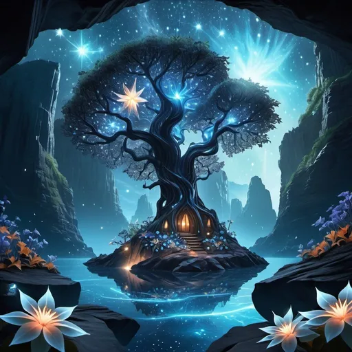 Prompt: Glowing star island, black rock terrain with light fissures, luminescent tree leaves, starfruit blossoms, deep canyon with glass starlight flowers, pixie nestled within petals, ethereal fantasy setting, enchanting atmosphere, magical landscape, surreal elements, vibrant colors, detailed illustration, intricate textures, mystical lighting, dreamlike ambiance.