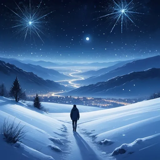 Prompt: Sparkling starlit night, snow-covered landscape, lone figure walking, distant city lights, vast open sky, constellations above, deep blue hues, icy white snow, serene and peaceful atmosphere, introspective mood, self-discovery journey, digital painting, high resolution, detailed snowflakes, cool color palette, soft moonlight, no figures besides the main character.