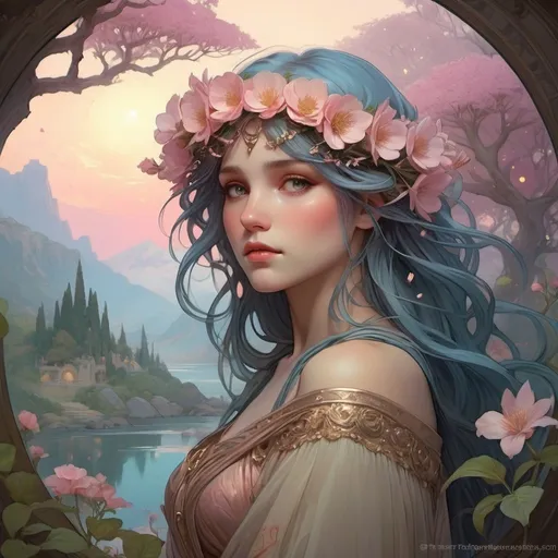 Prompt: Ethereal Eternity Tree, ancient garden, glowing Light of Eternity, lush foliage, vibrant flowers, melancholic ambiance, distant misty mountains, soft blue and pink sky, star-like blooms, fluttering leaves, light phantoms around roots, storybook essence, gentle and beautiful, magical and ethereal atmosphere, detailed and enchanting, warm and soft lighting, by a fusion of Alphonse Mucha and John William Waterhouse, Artstation.