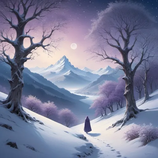 Prompt: A mystical winter landscape, snow-covered mountains, ancient towering trees, a lone figure in a cloak, winding path disappearing into the forest, falling snowflakes, fading light in the sky, silver moonlight, ethereal glow, serene atmosphere, distant sea visible, starlit sky, frost-covered branches, magical realism, soft color palette of blues, purples, and whites, gentle lighting casting long shadows, evoking a sense of mystery and adventure.