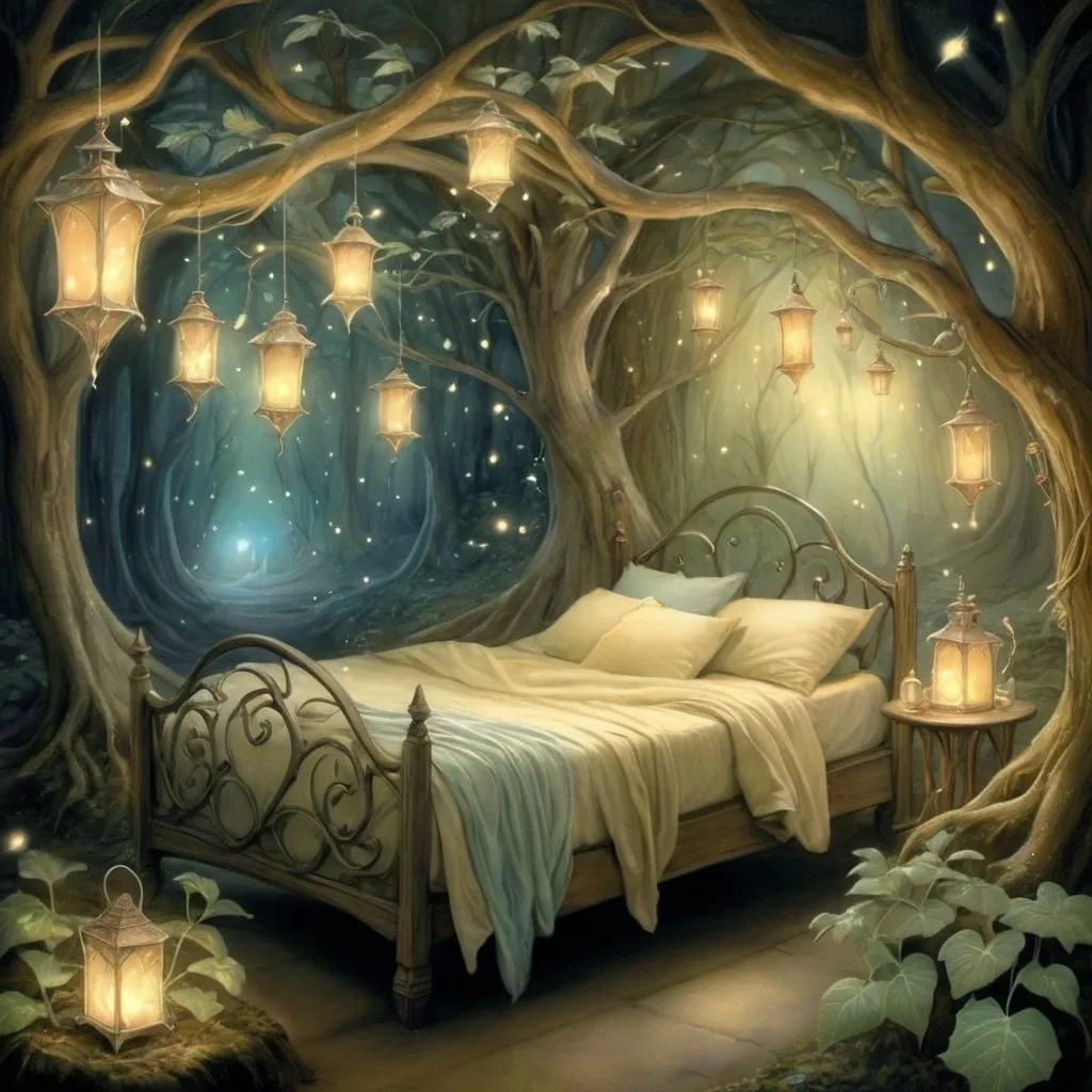 Prompt: Twinkling stardust bed, ethereal glow, intricate elflocks, mystical forest setting, whimsical fairyland, dancing leaves, enchanting will o' the wisp, friar's lantern, magical ambiance, fantasy illustration, detailed and dreamy, soft pastel colors, warm and inviting lighting, by Brian Froud and Amy Brown, DeviantArt. Special attention to eyes  Try
