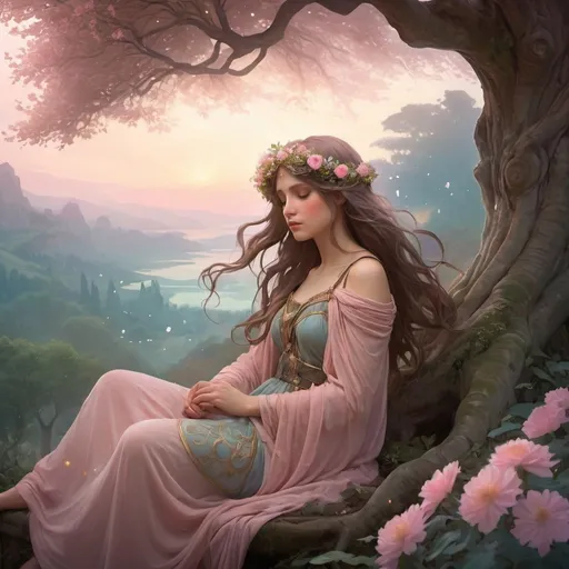 Prompt: Ethereal Eternity Tree, ancient garden, glowing Light of Eternity, lush foliage, vibrant flowers, melancholic ambiance, distant misty mountains, soft blue and pink sky, star-like blooms, fluttering leaves, light phantoms around roots, storybook essence, gentle and beautiful, magical and ethereal atmosphere, detailed and enchanting, warm and soft lighting, by a fusion of Alphonse Mucha and John William Waterhouse, Artstation.