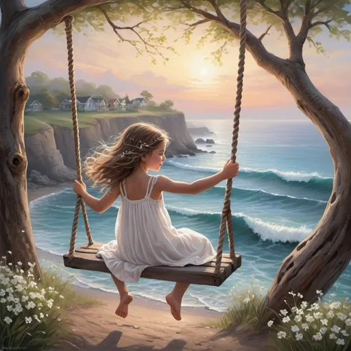 Prompt: Cliffs overlooking the seaside, dynamic waves crashing, rustic wooden fence lining the cliff edge, expansive ocean view with a distant horizon, sky painted with the colors of dawn, a solitary tree standing prominently with thick, twisting branches, a weathered swing gently swaying, an innocent child with ringlet hair and sparkling gray eyes, dressed in a flowing white homespun dress adorned with little white flowers, wild blooms scattered around, a charming woven rope swing hanging from a sturdy branch, capturing a moment of pure joy and innocence, detailed illustration blending realism with a touch of fantasy, vibrant and bright color palette bringing the scene to life, warm and inviting lighting enhancing the emotional connection