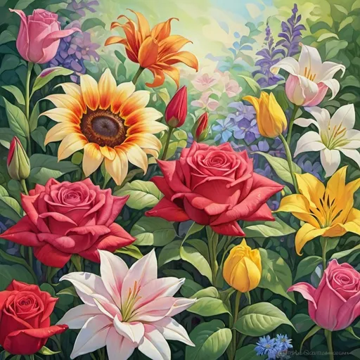 Prompt: Vibrant blooming garden, diverse array of flowers, roses, lilies, sunflowers, tulips, daisies, vibrant colors, delicate petals, intricate details, dewdrops on petals, green foliage, floral abundance, soft pastel hues, rich reds, pinks, yellows, whites, purples, blues, digital painting, hyper-realistic style, intricate brushwork, textured details, natural lighting, warm sunlight filtering through leaves, artistic interpretation, by Georgia O'Keeffe, Behance.