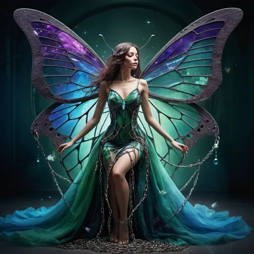 Prompt: Metamorphosis: magical change. A woman, dressed in a beautiful gown. She has butterfly wings that are slowly transforming into chains, that ensnare her. Time and space, shattered glass spinning in orbit around her in hues of blues and greens and purples. Deception, transformation. Betrayal.