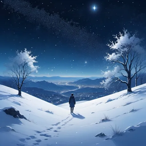 Prompt: Sparkling starlit night, snow-covered landscape, lone figure walking, distant city lights, vast open sky, constellations above, deep blue hues, icy white snow, serene and peaceful atmosphere, introspective mood, self-discovery journey, digital painting, high resolution, detailed snowflakes, cool color palette, soft moonlight, no figures besides the main character.