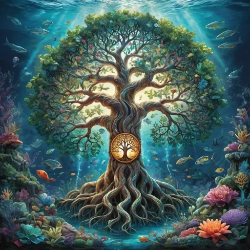 Prompt: A vivid and enchanting description of a majestic tree of life standing tall with lush leaves, vibrant lightning, and a mystical underwater world with swirling oceans, intricate roots, and hidden treasures waiting to be discovered.
