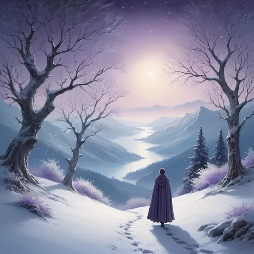 Prompt: A mystical winter landscape, snow-covered mountains, ancient towering trees, a lone figure in a cloak, winding path disappearing into the forest, falling snowflakes, fading light in the sky, silver moonlight, ethereal glow, serene atmosphere, distant sea visible, starlit sky, frost-covered branches, magical realism, soft color palette of blues, purples, and whites, gentle lighting casting long shadows, evoking a sense of mystery and adventure.