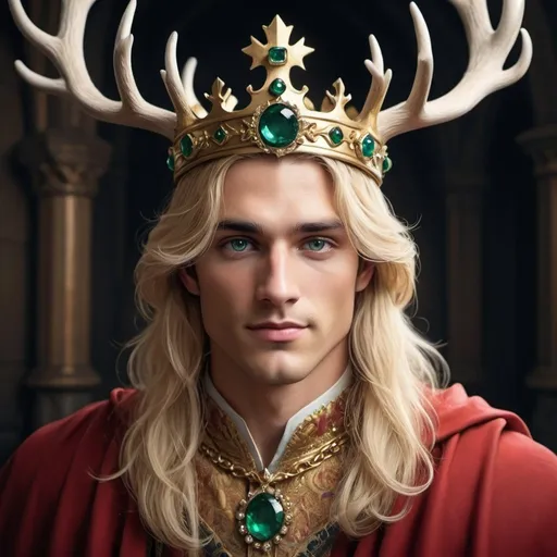 Prompt: A young, handsome king named Mortair, crowned with a majestic stag-adorned golden crown, exuding an aura of both regality and deceit. His long, flowing blonde locks cascade around his face, framing eyes that hold a hint of sinister allure beneath the dreamer's facade. Seated at the head of a grand table, his smile hints at hidden intentions. The crown's intricate stag design, with emerald eyes, symbolizes power and elegance. King Mortair's attire includes a flowing red cape, adding a touch of richness to his regal appearance.

Crafted in the style of a fairytale illustration or storybook portrait, this image captures the essence of fantasy and beauty. The medium used can be digital art, acrylic, or oil on canvas, ensuring a vibrant and detailed representation. The focus lies on the eyes, requiring a special emphasis on realism and beauty, drawing the viewer into the depths of Mortair's gaze. The overall ambiance should evoke a sense of enchantment and mystery, blending realism with fantastical elements seamlessly.