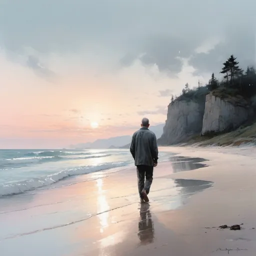 Prompt: Man walking along serene shore, woman gazing out window, sunrise lighting, reflective atmosphere, emotional connection, solitude, contemplation, ocean view, sandy beach, soft pastel colors, gentle waves, distant horizon, morning tranquility, introspective mood, deep emotions, storytelling composition, digital painting, realistic style, high detail, emotional depth, by Jeremy Mann and Agnes Cecile, Artstation.