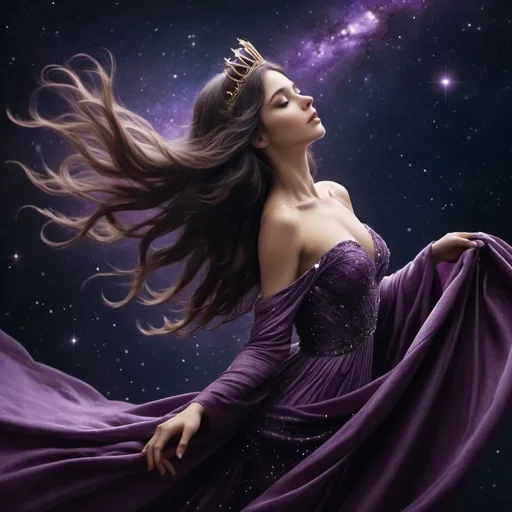 Prompt: An endless galaxy, purple night and brilliant stars, planets spinning in orbit in their systems. A woman falls through these heavens, her hands outstretched to catch something to stay her fall. Dark, lovely eyes and long, flowing hair, there are starlit gems in her crown. Her gown flows out, shimmering back in velvet folds of silk as she falls. Will anyone save her?