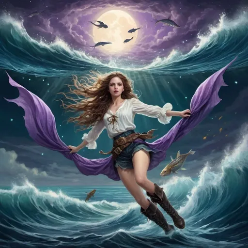 Prompt: There is a vast and beautiful sky over the sea. The night sky set over the stars. There is a skyship, belonging to the skypirates. Beautiful, detailed flag of purple. The skies are filled with spinning stars that dance over the radiant waves, that swirl about the borders of the image in iridescent blues and teals, luminescent and beautiful. In the waves, water spirits play, and fish swim below. The image should be like a fantasy image, something out of a storybook. About the borders of the image there is a serpent, long and swirling. In the very center, there is a woman falling from the skyship, her form suspended in air over the water. Her long brown locks flow out about her horrified, sad face as her blue eyes gaze upward and her white blouse billows out. She is wearing pirate britches and boots.