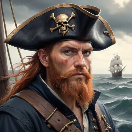 Prompt: Visualize a medieval pirate figure, characterized by a long red beard, intense gaze, and a tricorn hat. Clad in a seamen’s coat, he stands at the helm, peering into a storm with a stern expression. Noble, serious, and resolute, this fantasy pirate emanates bravery and determination. Envision this epic character in a captivating pencil sketch, embodying the essence of a vagabond seafarer.
Craft a storybook-worthy portrait in the digital realm, blending elements of fantasy and epic storytelling. Let your imagination roam freely to create a captivating and detailed digital painting that captures the essence of medieval fantasy characters in a visually
Digital art, oil on canvas