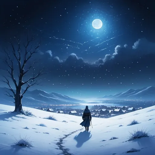 Prompt: Sparkling starlit night, snow-covered landscape, lone figure walking, distant city lights, vast open sky, constellations above, deep blue hues, icy white snow, serene and peaceful atmosphere, introspective mood, self-discovery journey, digital painting, high resolution, detailed snowflakes, cool color palette, soft moonlight, no figures besides the main character. Medieval fantasy.