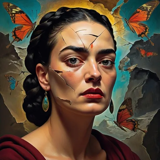 Prompt: Vivid emotional turmoil, shattered trust, deep introspection, inner struggles depicted, haunting past, scars as reminders, vulnerability, internal conflict, poetic inspiration, dark and light contrast, symbolic imagery, abstract representation, digital art, intricate details, intense color palette, dramatic lighting, shadows and highlights, by Salvador Dali and Frida Kahlo, Artstation.