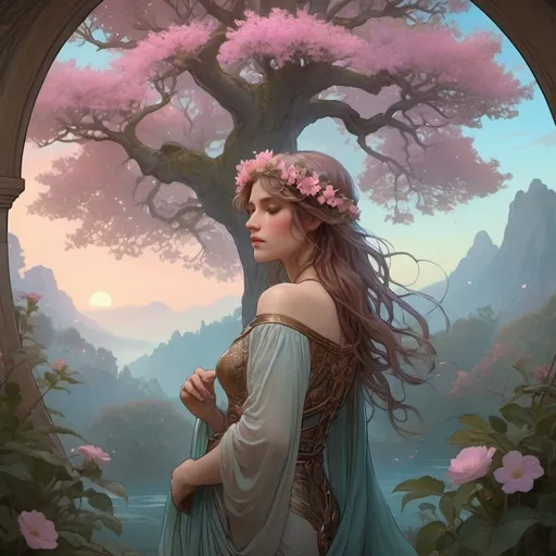 Prompt: Ethereal Eternity Tree, ancient garden, glowing Light of Eternity, lush foliage, vibrant flowers, melancholic ambiance, distant misty mountains, soft blue and pink sky, star-like blooms, fluttering leaves, light phantoms around roots, storybook essence, gentle and beautiful, magical and ethereal atmosphere, detailed and enchanting, warm and soft lighting, by a fusion of Alphonse Mucha and John William Waterhouse, Artstation.