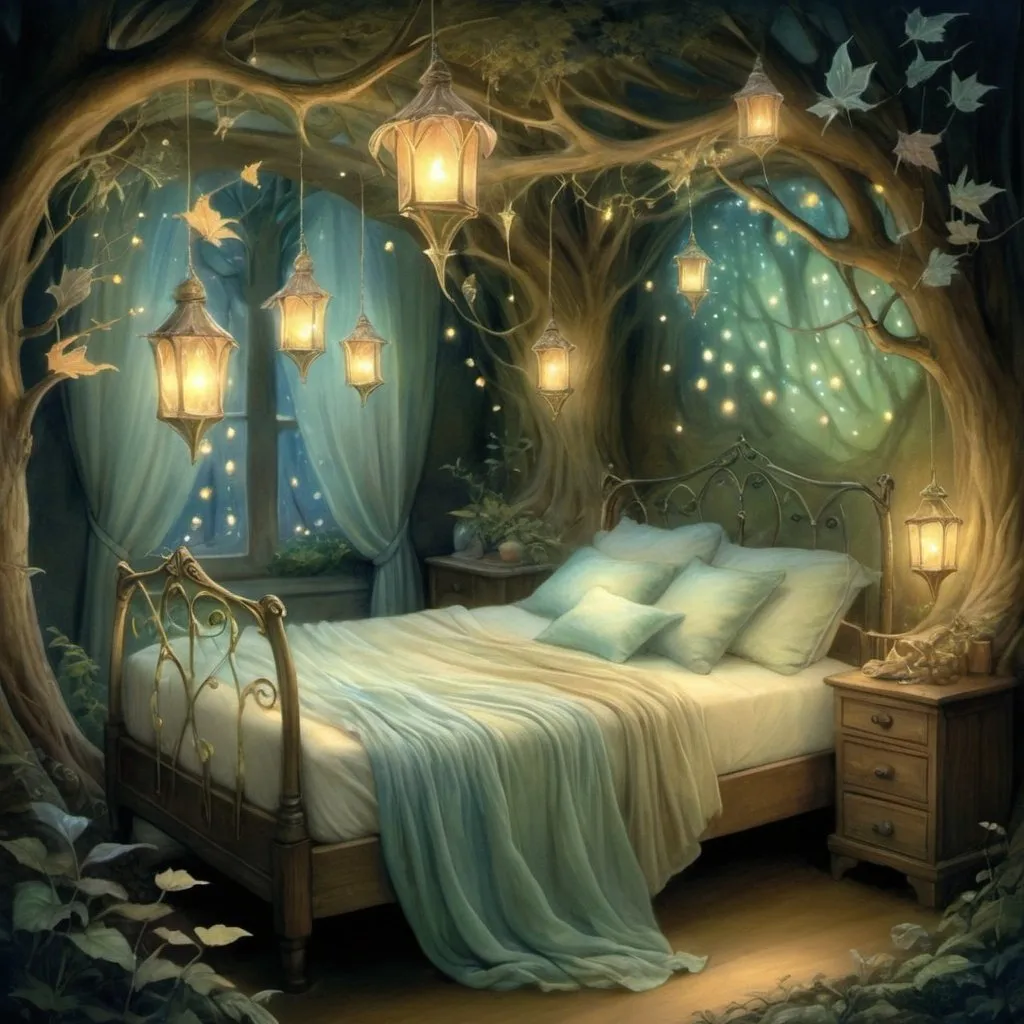 Prompt: Twinkling stardust bed, ethereal glow, intricate elflocks, mystical forest setting, whimsical fairyland, dancing leaves, enchanting will o' the wisp, friar's lantern, magical ambiance, fantasy illustration, detailed and dreamy, soft pastel colors, warm and inviting lighting, by Brian Froud and Amy Brown, DeviantArt. Special attention to eyes  Try
