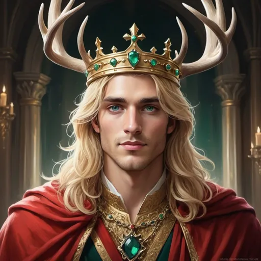 Prompt: A young, handsome king named Mortair, crowned with a majestic stag-adorned golden crown, exuding an aura of both regality and deceit. His long, flowing blonde locks cascade around his face, framing eyes that hold a hint of sinister allure beneath the dreamer's facade. Seated at the head of a grand table, his smile hints at hidden intentions. The crown's intricate stag design, with emerald eyes, symbolizes power and elegance. King Mortair's attire includes a flowing red cape, adding a touch of richness to his regal appearance.

Crafted in the style of a fairytale illustration or storybook portrait, this image captures the essence of fantasy and beauty. The medium used can be digital art, acrylic, or oil on canvas, ensuring a vibrant and detailed representation. The focus lies on the eyes, requiring a special emphasis on realism and beauty, drawing the viewer into the depths of Mortair's gaze. The overall ambiance should evoke a sense of enchantment and mystery, blending realism with fantastical elements seamlessly.