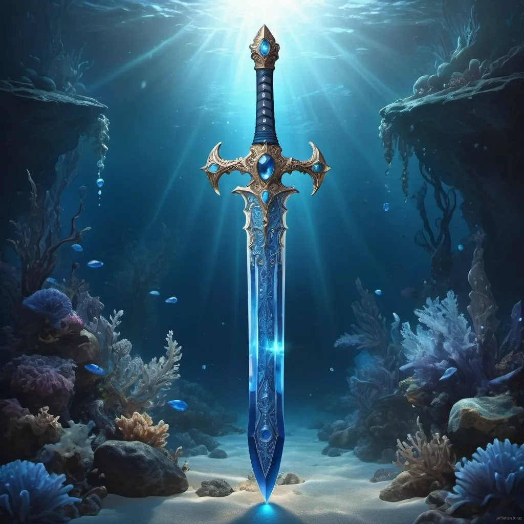 Prompt: Majestic fantasy sword, symbol of the sea king, ethereal and powerful, iridescent blue hues, translucent appearance, adorned with intricate blue gemstones, mystical aura, enchanting glow emanating from the sword, intricate hilt with a mesmerizing gemstone centerpiece, underwater setting, shimmering blue mist enveloping the surroundings, mythical and magical atmosphere, digital illustration, detailed and intricate design, captivating lighting effects, deep oceanic colors, ArtStation.