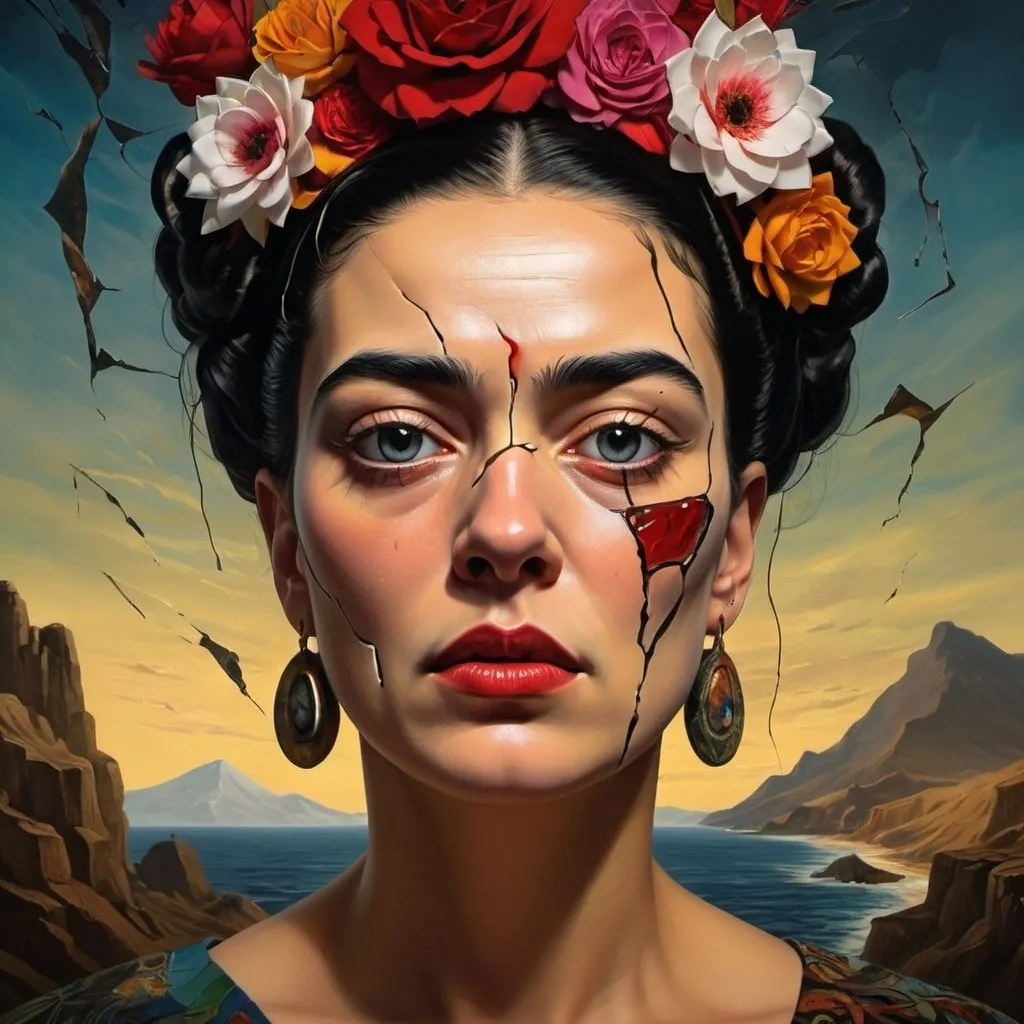 Prompt: Vivid emotional turmoil, shattered trust, deep introspection, inner struggles depicted, haunting past, scars as reminders, vulnerability, internal conflict, poetic inspiration, dark and light contrast, symbolic imagery, abstract representation, digital art, intricate details, intense color palette, dramatic lighting, shadows and highlights, by Salvador Dali and Frida Kahlo, Artstation.