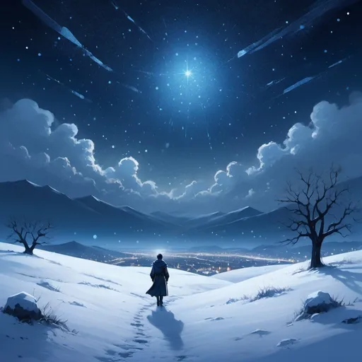 Prompt: Sparkling starlit night, snow-covered landscape, lone figure walking, distant city lights, vast open sky, constellations above, deep blue hues, icy white snow, serene and peaceful atmosphere, introspective mood, self-discovery journey, digital painting, high resolution, detailed snowflakes, cool color palette, soft moonlight, no figures besides the main character. Medieval fantasy.