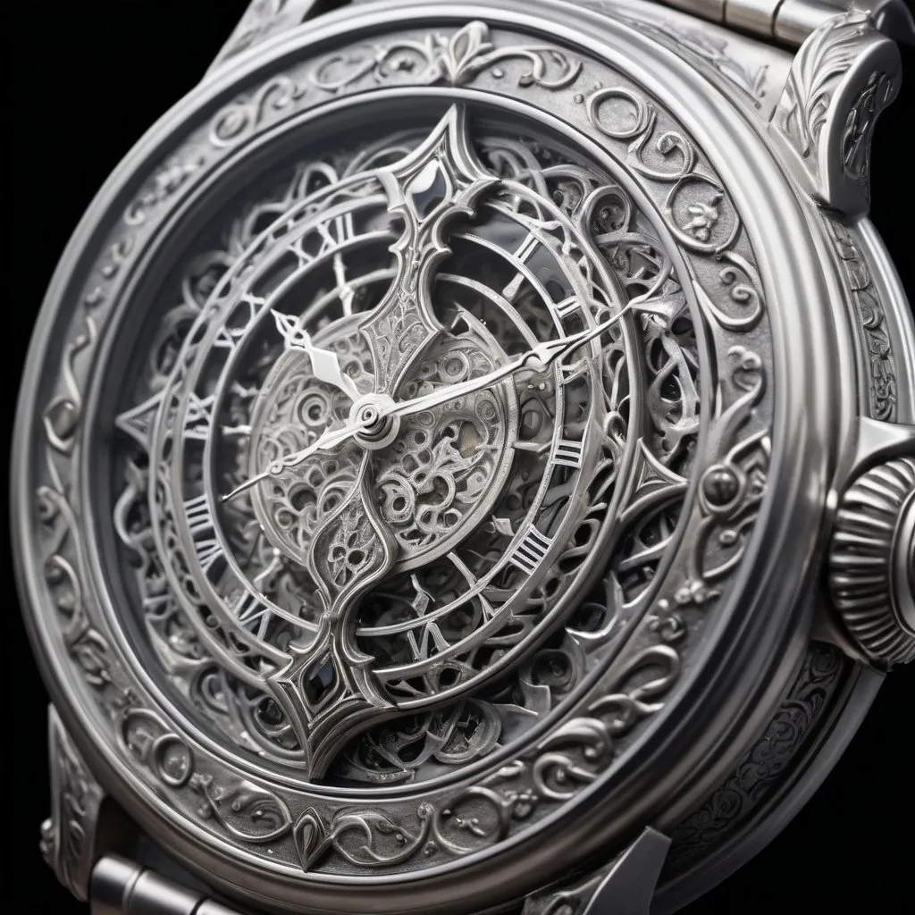 Prompt: Create an image of a beautifully crafted silver timepiece, left behind by a mysterious Silver Knight. The timepiece is an ornate pocket watch made entirely of silver, with intricate designs and symbols etched into its surface. The face of the watch has an ethereal glow, with faintly luminous hands and numbers that seem to shimmer with a magical light. The background of the watch face shows delicate patterns of intertwining worlds and dream-like landscapes, representing alternate realities. The silver case of the watch is adorned with the emblem of a knight’s crest and small, mystical runes that suggest protection and trust. The watch exudes a sense of timelessness and otherworldly magic, symbolizing the Silver Knight’s promise to always be there on time, guarding and guiding the girl through her journey across different realities.
