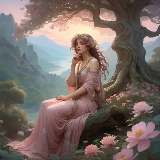 Prompt: Ethereal Eternity Tree, ancient garden, glowing Light of Eternity, lush foliage, vibrant flowers, melancholic ambiance, distant misty mountains, soft blue and pink sky, star-like blooms, fluttering leaves, light phantoms around roots, storybook essence, gentle and beautiful, magical and ethereal atmosphere, detailed and enchanting, warm and soft lighting, by a fusion of Alphonse Mucha and John William Waterhouse, Artstation.