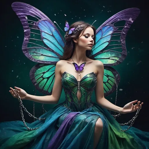 Prompt: Metamorphosis: magical change. A woman, dressed in a beautiful gown. She has butterfly wings that are slowly transforming into chains, that ensnare her. Time and space, shattered glass spinning in orbit around her in hues of blues and greens and purples. Deception, transformation. Betrayal.