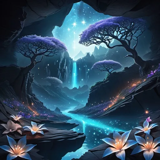 Prompt: Glowing star island, black rock terrain with light fissures, luminescent tree leaves, starfruit blossoms, deep canyon with glass starlight flowers, pixie nestled within petals, ethereal fantasy setting, enchanting atmosphere, magical landscape, surreal elements, vibrant colors, detailed illustration, intricate textures, mystical lighting, dreamlike ambiance.