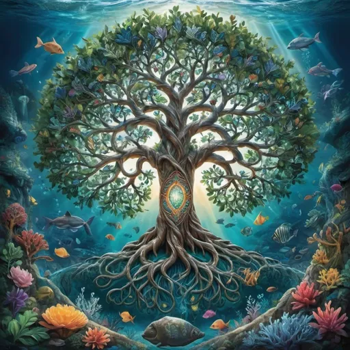 Prompt: A vivid and enchanting description of a majestic tree of life standing tall with lush leaves, vibrant lightning, and a mystical underwater world with swirling oceans, intricate roots, and hidden treasures waiting to be discovered.