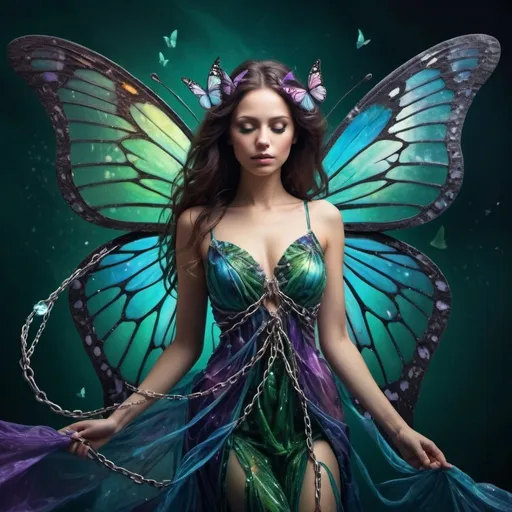 Prompt: Metamorphosis: magical change. A woman, dressed in a beautiful gown. She has butterfly wings that are slowly transforming into chains, that ensnare her. Time and space, shattered glass spinning in orbit around her in hues of blues and greens and purples. Deception, transformation. Betrayal.