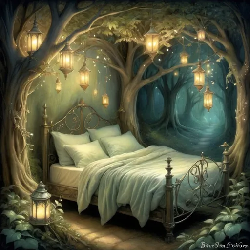 Prompt: Twinkling stardust bed, ethereal glow, intricate elflocks, mystical forest setting, whimsical fairyland, dancing leaves, enchanting will o' the wisp, friar's lantern, magical ambiance, fantasy illustration, detailed and dreamy, soft pastel colors, warm and inviting lighting, by Brian Froud and Amy Brown, DeviantArt. Special attention to eyes  Try
