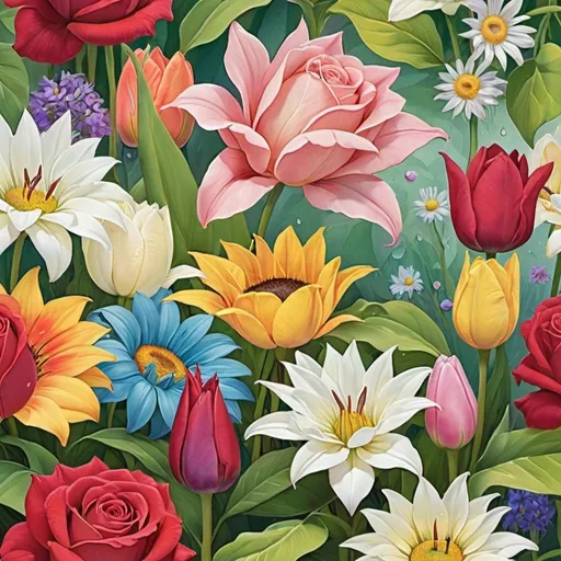 Prompt: Vibrant blooming garden, diverse array of flowers, roses, lilies, sunflowers, tulips, daisies, vibrant colors, delicate petals, intricate details, dewdrops on petals, green foliage, floral abundance, soft pastel hues, rich reds, pinks, yellows, whites, purples, blues, digital painting, hyper-realistic style, intricate brushwork, textured details, natural lighting, warm sunlight filtering through leaves, artistic interpretation, by Georgia O'Keeffe, Behance.