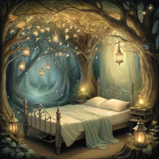Prompt: Twinkling stardust bed, ethereal glow, intricate elflocks, mystical forest setting, whimsical fairyland, dancing leaves, enchanting will o' the wisp, friar's lantern, magical ambiance, fantasy illustration, detailed and dreamy, soft pastel colors, warm and inviting lighting, by Brian Froud and Amy Brown, DeviantArt. Special attention to eyes  Try
