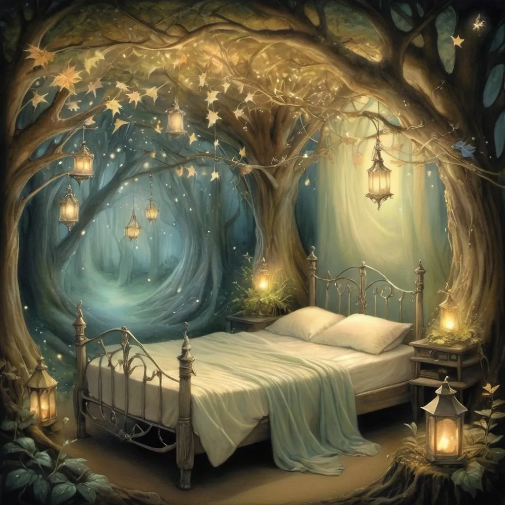 Prompt: Twinkling stardust bed, ethereal glow, intricate elflocks, mystical forest setting, whimsical fairyland, dancing leaves, enchanting will o' the wisp, friar's lantern, magical ambiance, fantasy illustration, detailed and dreamy, soft pastel colors, warm and inviting lighting, by Brian Froud and Amy Brown, DeviantArt. Special attention to eyes  Try
