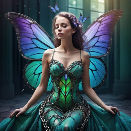 Prompt: Metamorphosis: magical change. A woman, dressed in a beautiful gown. She has butterfly wings that are slowly transforming into chains, that ensnare her. Time and space, shattered glass spinning in orbit around her in hues of blues and greens and purples. Deception, transformation. Betrayal.