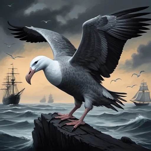 Prompt: Majestic albatross fantasy creature, smoky gray feathers, shadow-like wings, harbinger of doom, bearer of woe, eyes gleaming with wisdom and malevolence, haunting aura, sea and ship backdrop, terrified sailors, storybook illustration, enchanting and melancholic, tragic narrative, detailed digital artwork, acrylic painting inspiration, pencil sketch style, dark and mysterious color palette, eerie lighting effects, fantasy realism, emotional depth, ArtStation showcase.