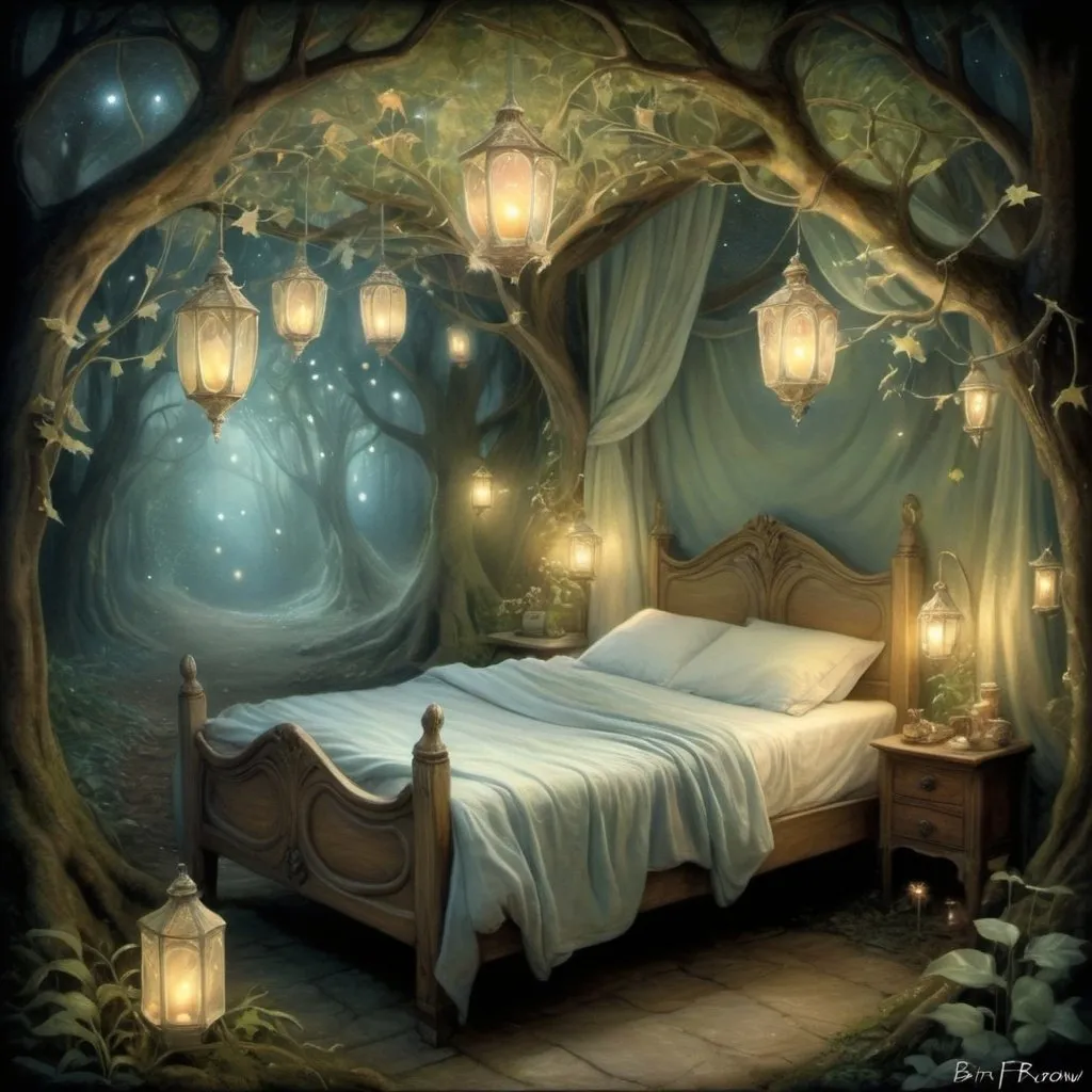 Prompt: Twinkling stardust bed, ethereal glow, intricate elflocks, mystical forest setting, whimsical fairyland, dancing leaves, enchanting will o' the wisp, friar's lantern, magical ambiance, fantasy illustration, detailed and dreamy, soft pastel colors, warm and inviting lighting, by Brian Froud and Amy Brown, DeviantArt. Special attention to eyes  Try
