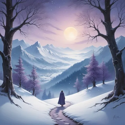 Prompt: A mystical winter landscape, snow-covered mountains, ancient towering trees, a lone figure in a cloak, winding path disappearing into the forest, falling snowflakes, fading light in the sky, silver moonlight, ethereal glow, serene atmosphere, distant sea visible, starlit sky, frost-covered branches, magical realism, soft color palette of blues, purples, and whites, gentle lighting casting long shadows, evoking a sense of mystery and adventure.