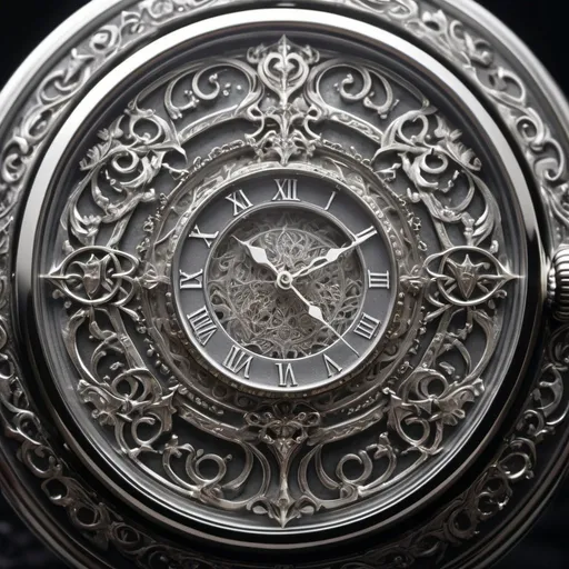 Prompt: Create an image of a beautifully crafted silver timepiece, left behind by a mysterious Silver Knight. The timepiece is an ornate pocket watch made entirely of silver, with intricate designs and symbols etched into its surface. The face of the watch has an ethereal glow, with faintly luminous hands and numbers that seem to shimmer with a magical light. The background of the watch face shows delicate patterns of intertwining worlds and dream-like landscapes, representing alternate realities. The silver case of the watch is adorned with the emblem of a knight’s crest and small, mystical runes that suggest protection and trust. The watch exudes a sense of timelessness and otherworldly magic, symbolizing the Silver Knight’s promise to always be there on time, guarding and guiding the girl through her journey across different realities.

