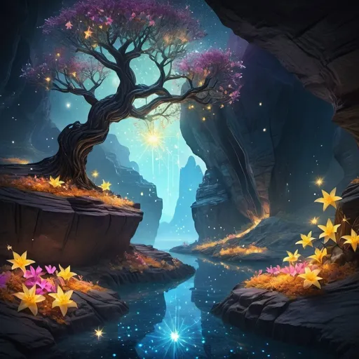 Prompt: Glowing star island, black rock terrain with light fissures, luminescent tree leaves, starfruit blossoms, deep canyon with glass starlight flowers, pixie nestled within petals, ethereal fantasy setting, enchanting atmosphere, magical landscape, surreal elements, vibrant colors, detailed illustration, intricate textures, mystical lighting, dreamlike ambiance.