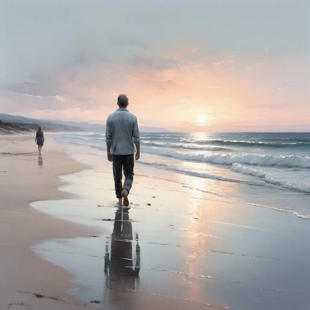 Prompt: Man walking along serene shore, woman gazing out window, sunrise lighting, reflective atmosphere, emotional connection, solitude, contemplation, ocean view, sandy beach, soft pastel colors, gentle waves, distant horizon, morning tranquility, introspective mood, deep emotions, storytelling composition, digital painting, realistic style, high detail, emotional depth, by Jeremy Mann and Agnes Cecile, Artstation.